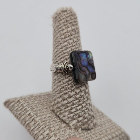 Size 8 Sterling Silver Square Abalone Floral Scrolled Band Ring A4232 - Picture 2 of 9